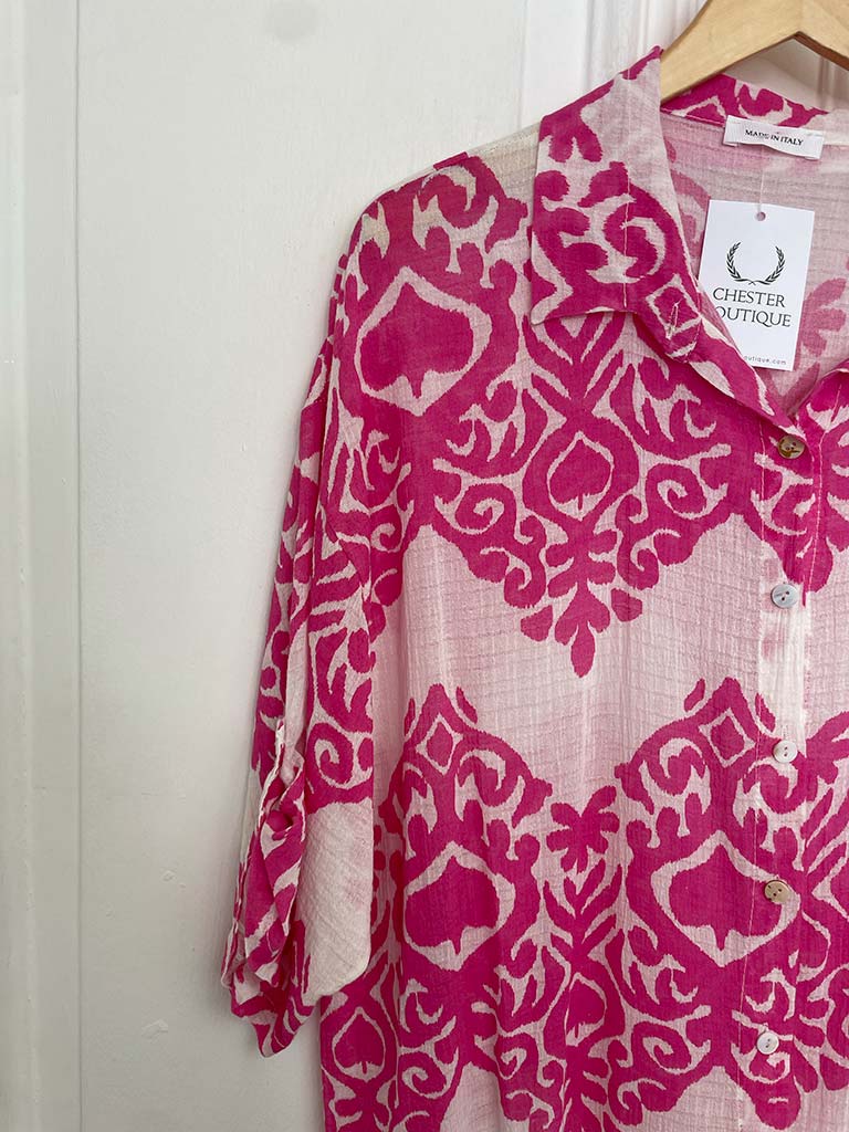 Damask Cotton Shirt Dress - Sugar