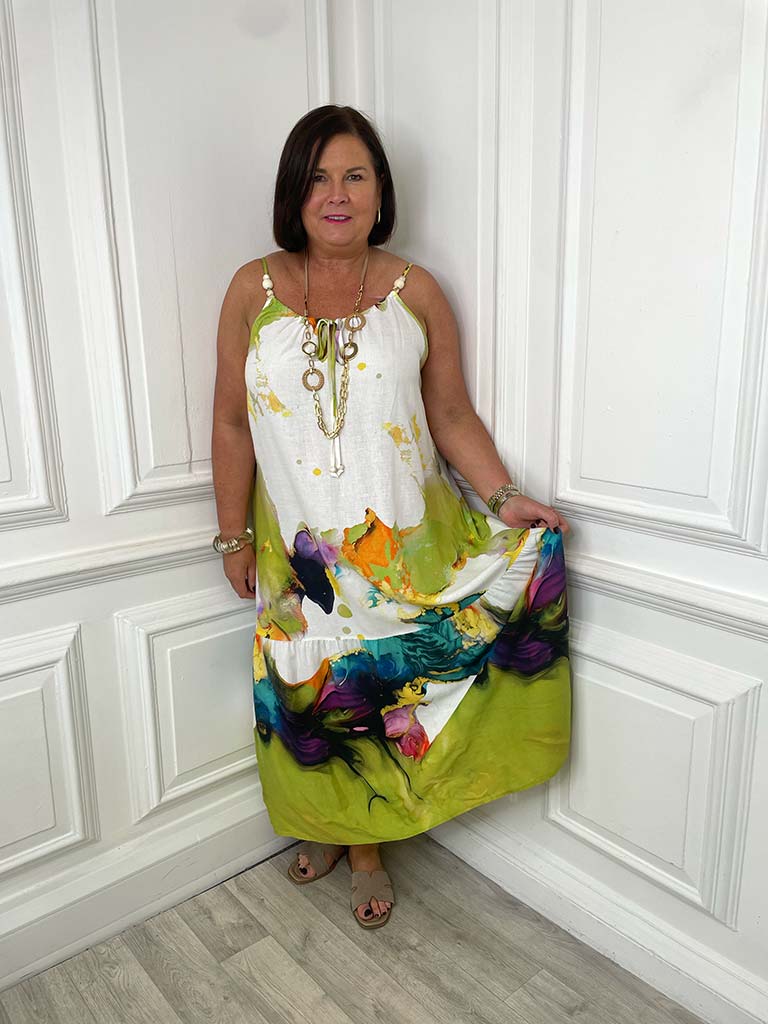 Watercolour Beaded Dress - Green Mix