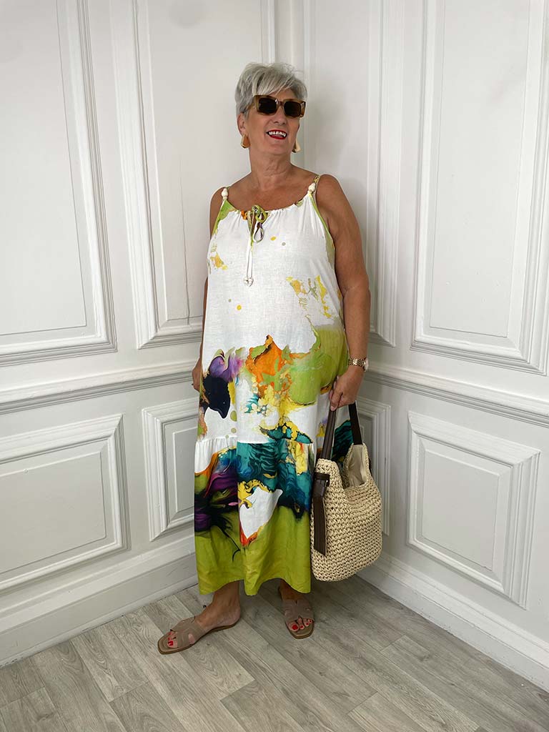 Watercolour Beaded Dress - Green Mix