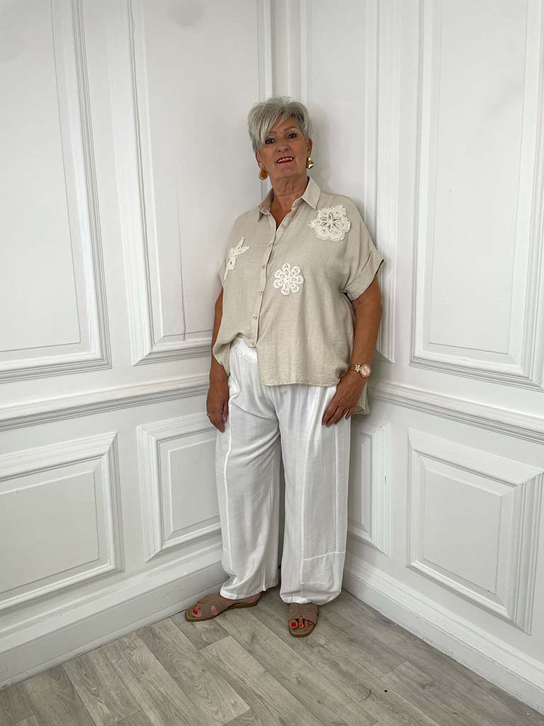 Crochet Flower Applique Shirt - Hessian