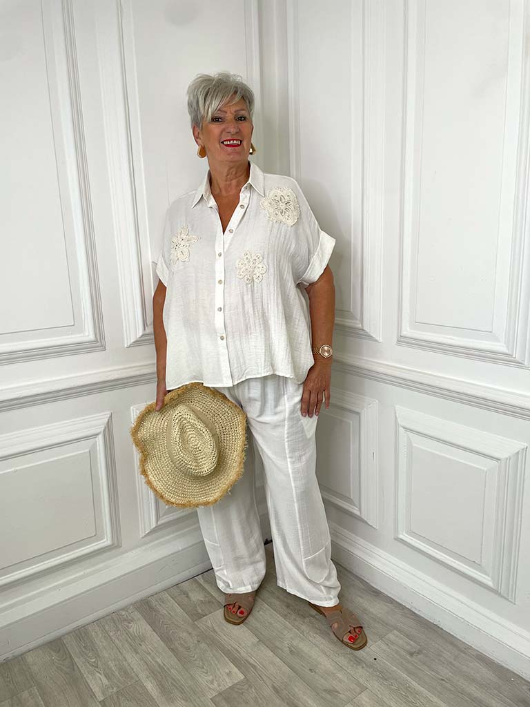 Crochet Flower Applique Shirt - Ecru
