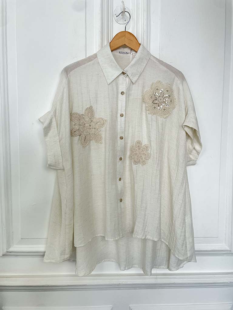 Crochet Flower Applique Shirt - Ecru