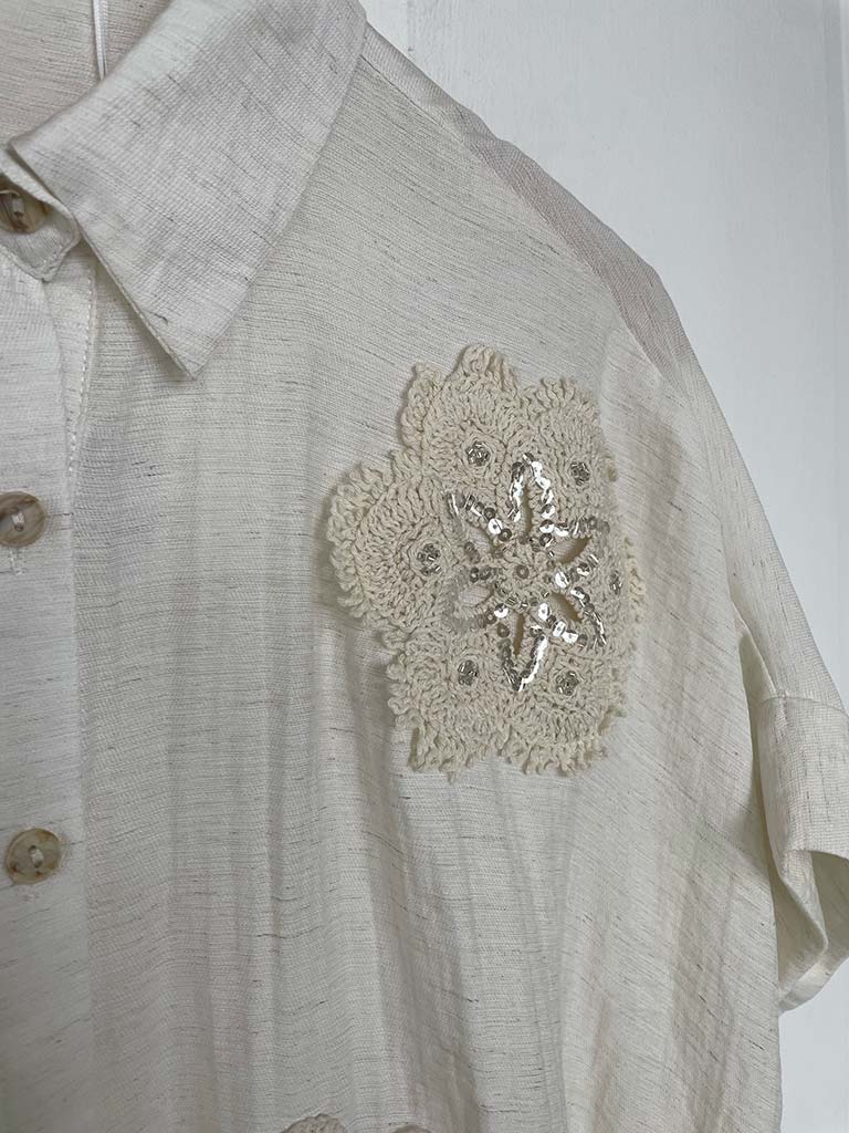 Crochet Flower Applique Shirt - Ecru