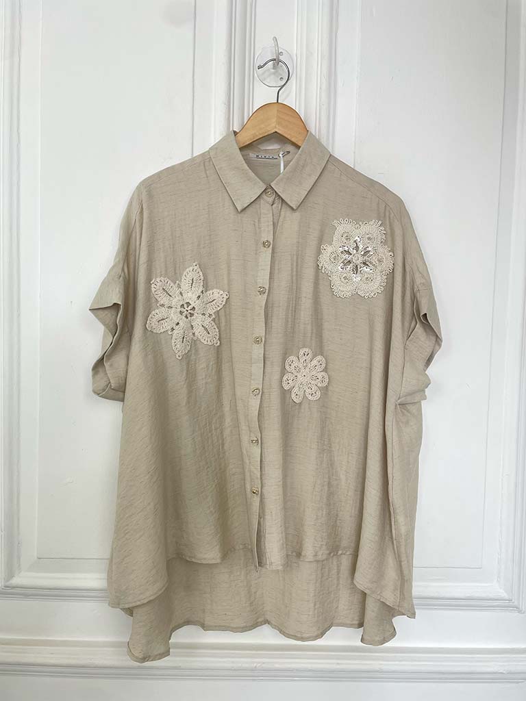 Crochet Flower Applique Shirt - Hessian