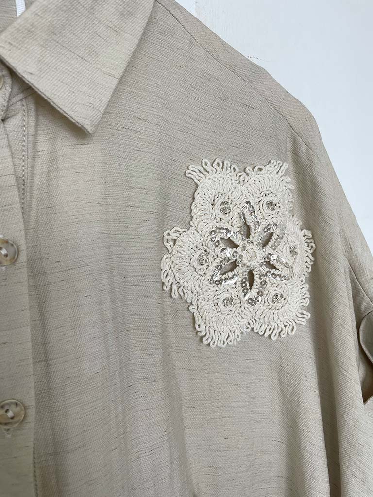 Crochet Flower Applique Shirt - Hessian