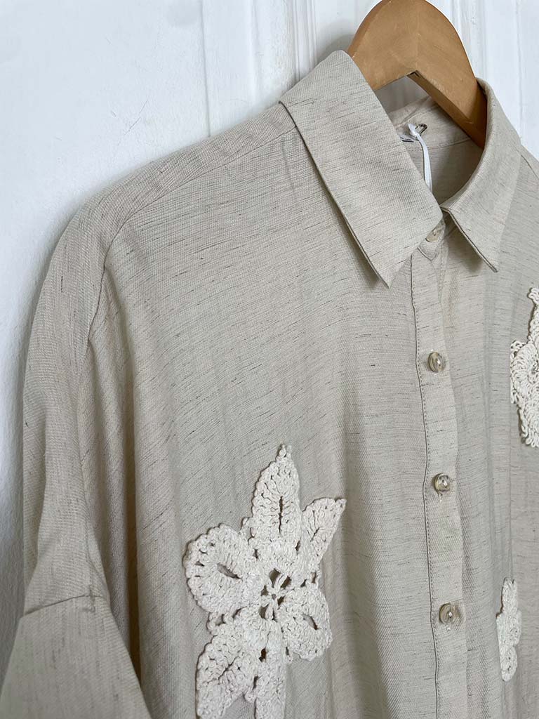 Crochet Flower Applique Shirt - Hessian
