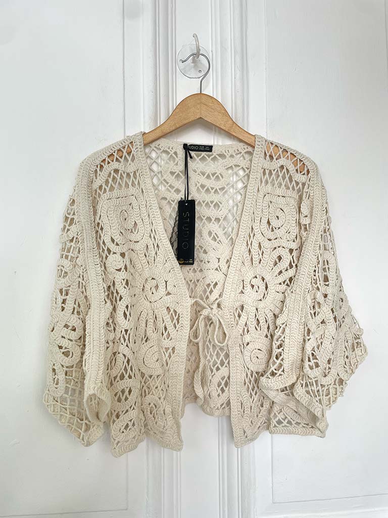 Chunky Cotton Crochet Jacket - Stone