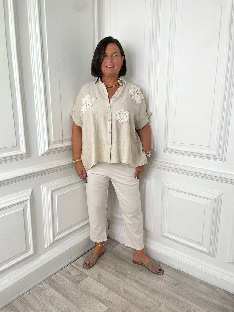 Crochet Flower Applique Shirt - Hessian