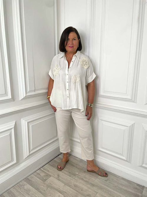 Crochet Flower Applique Shirt - Ecru