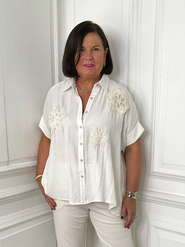 Crochet Flower Applique Shirt - Ecru