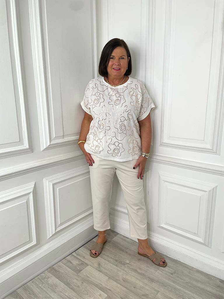Sequin Flower Tee - Soft White