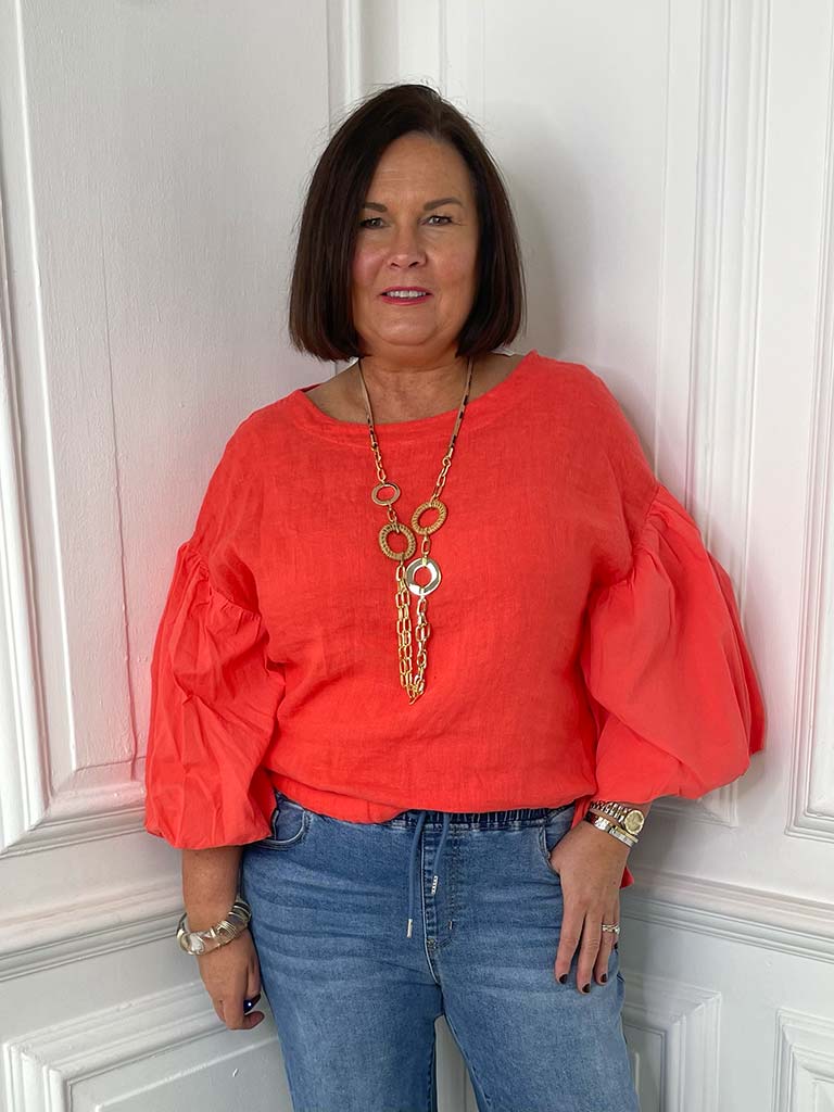 Linen Puff Sleeve Top - Blood Orange