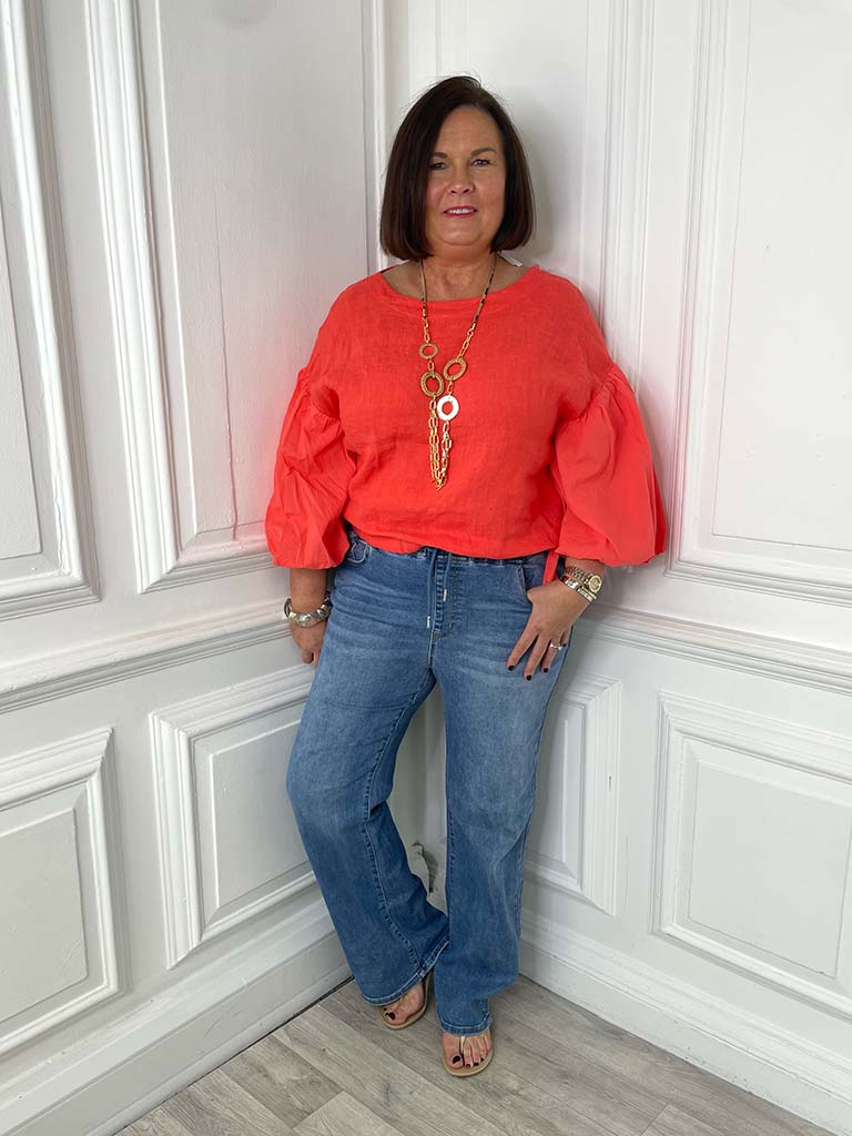 Linen Puff Sleeve Top - Blood Orange