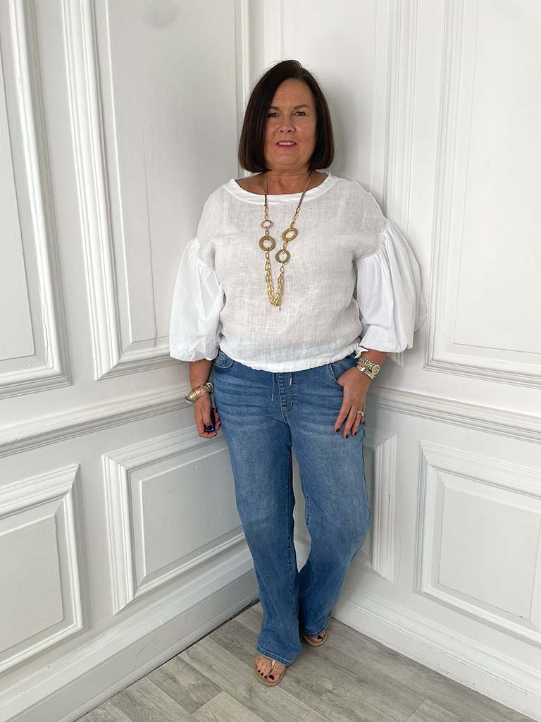 Linen Puff Sleeve Top - White