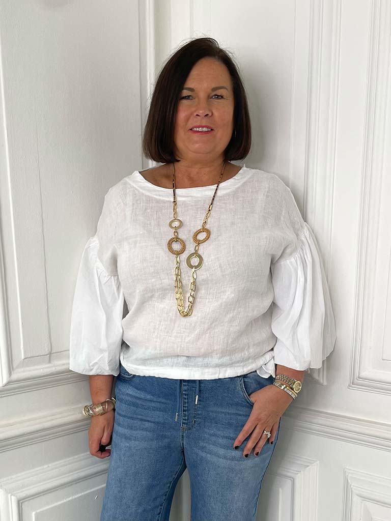 Linen Puff Sleeve Top - White