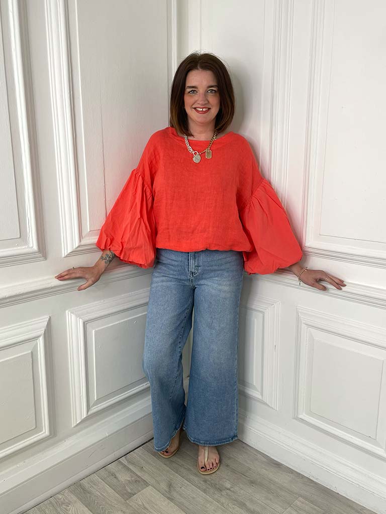 Linen Puff Sleeve Top - Blood Orange