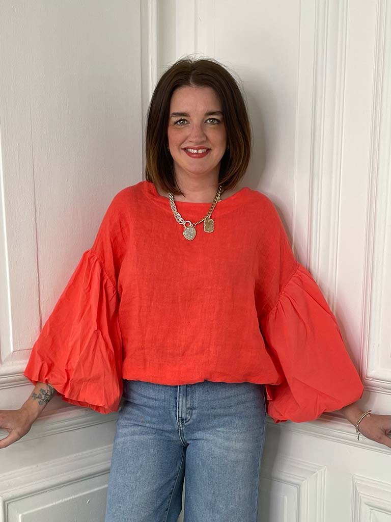 Linen Puff Sleeve Top - Blood Orange