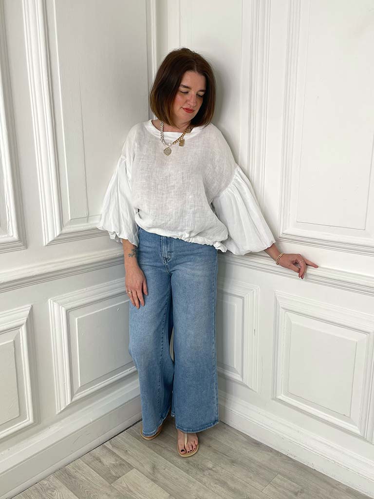 Linen Puff Sleeve Top - White
