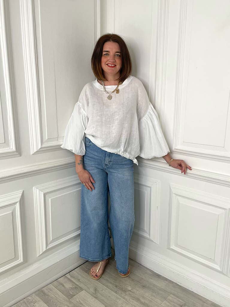 Linen Puff Sleeve Top - White
