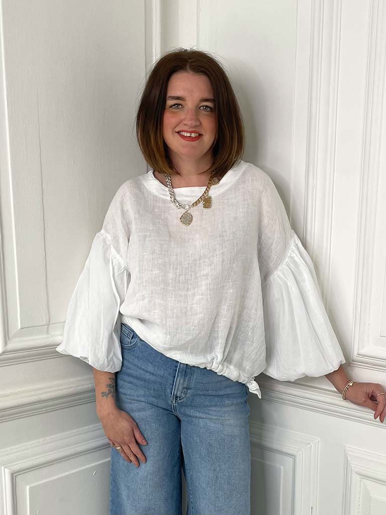 Linen Puff Sleeve Top - White