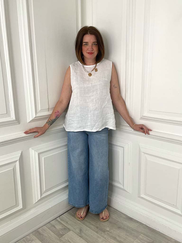 Linen Button Back Top - White