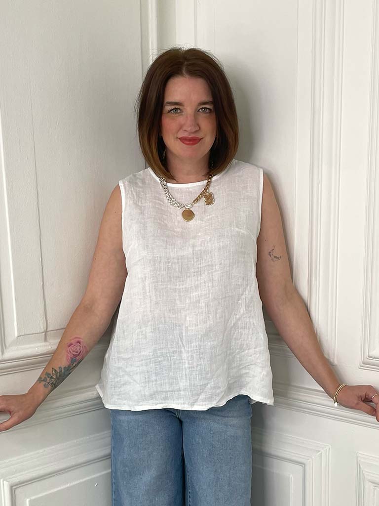 Linen Button Back Top - White