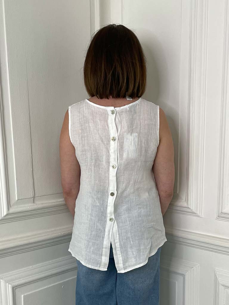 Linen Button Back Top - White