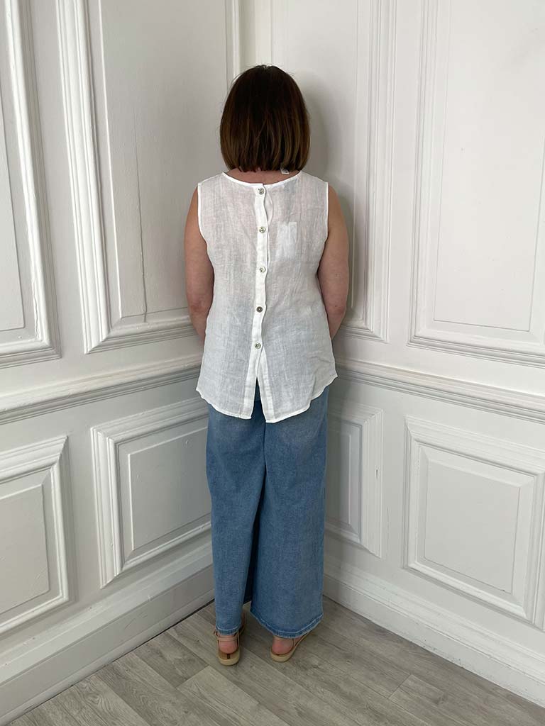 Linen Button Back Top - White