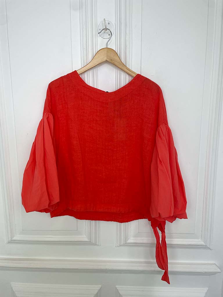 Linen Puff Sleeve Top - Blood Orange