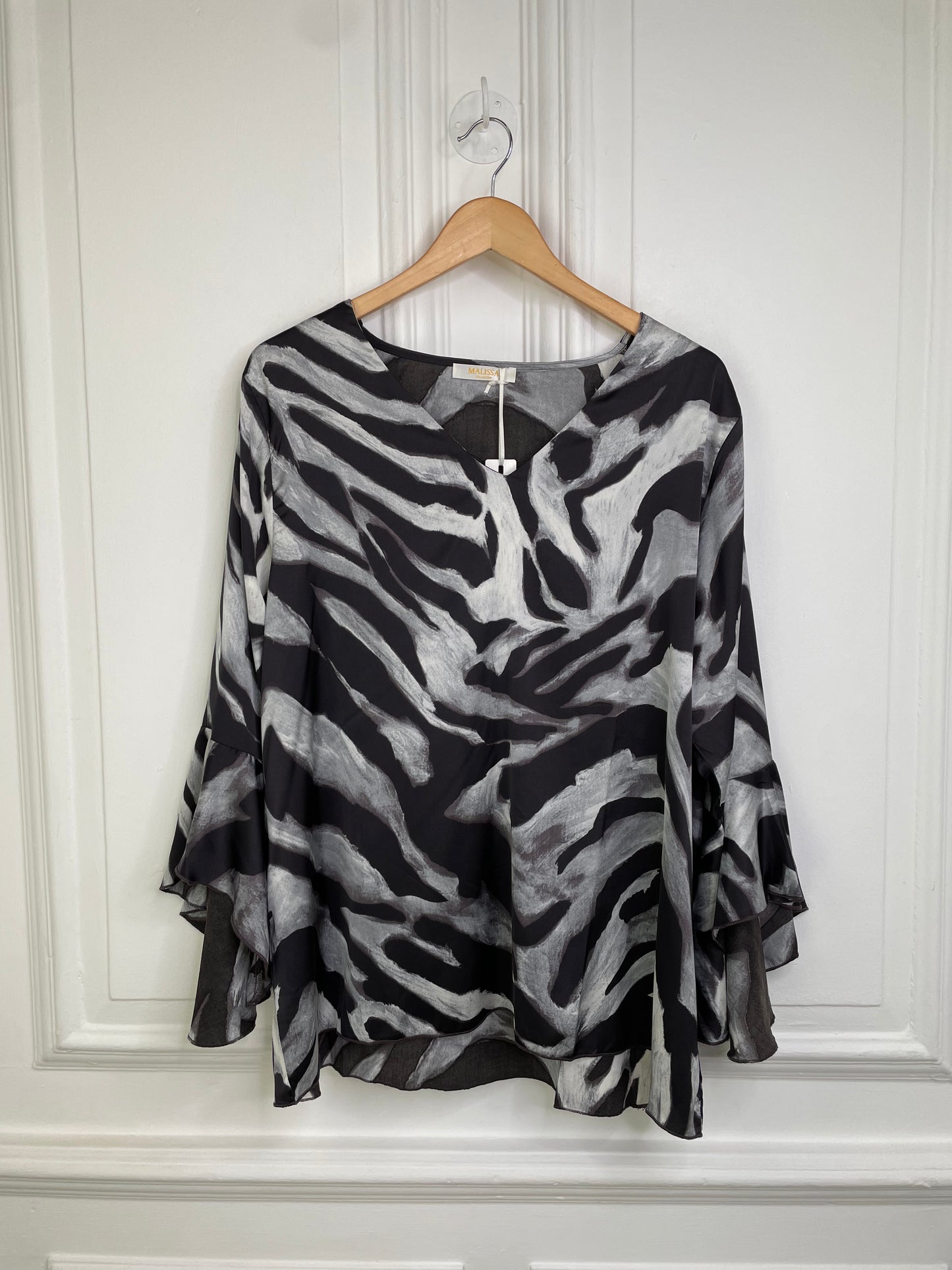 Malissa J Zebra Bell Sleeve Top - Grey & Black