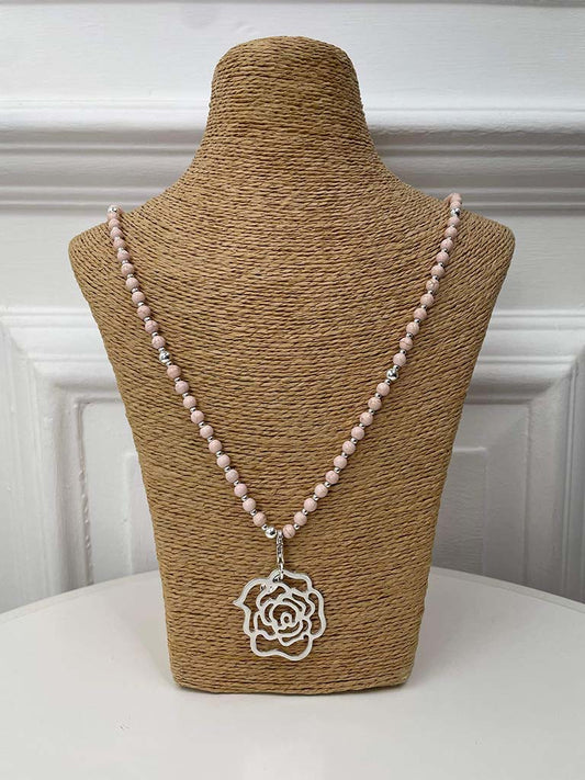 Envy Beaded Rose Pendant Necklace - Silver & Pink