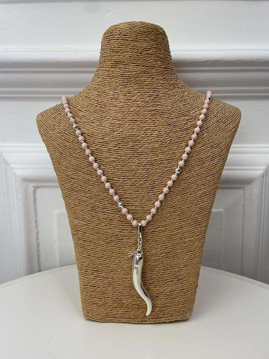 Envy Beaded Tusk Pendant Necklace - Silver & Pink