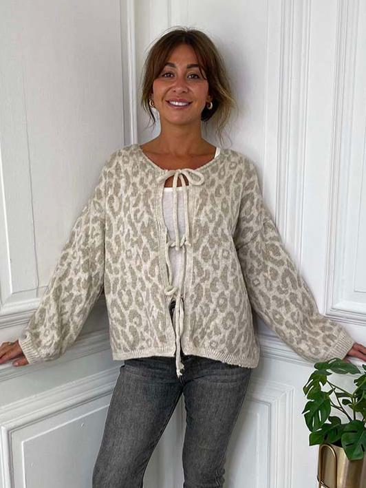 Leopard Print Tie Cardigan - Oatmeal & Stone