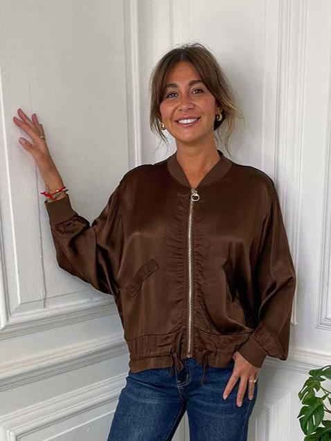 Silk Feel Bomber Jacket - Chocolate