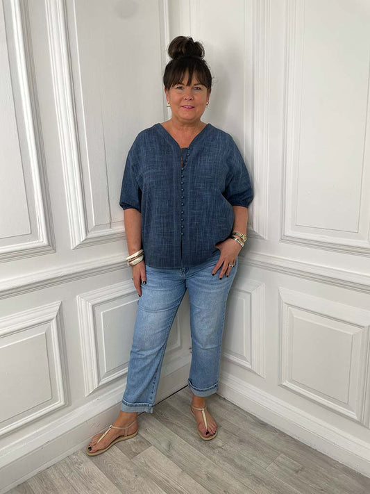 Button Front Cotton Top - Vintage Wash Navy