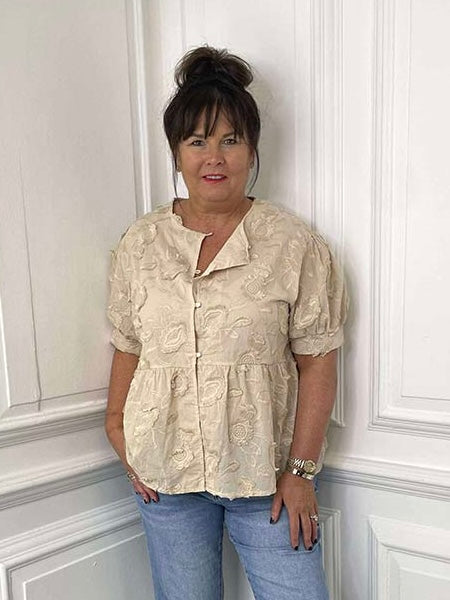 Floral Embroidery Smock Top - Stone