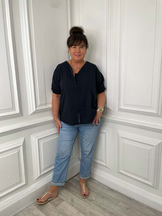Button Front Cotton Top - Black