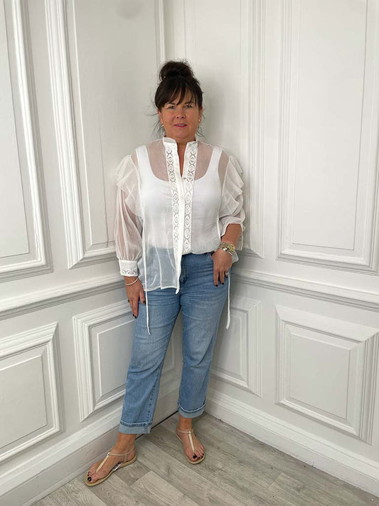 Frill Trim Embroidered Blouse