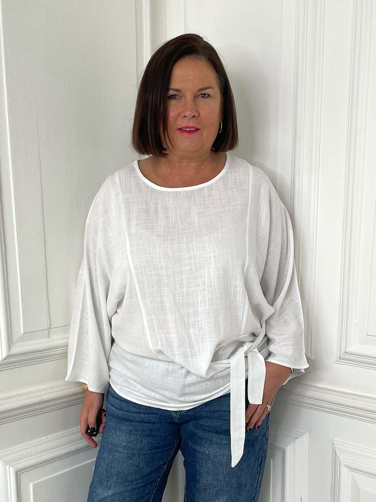 Cotton & Linen Tie Top - White