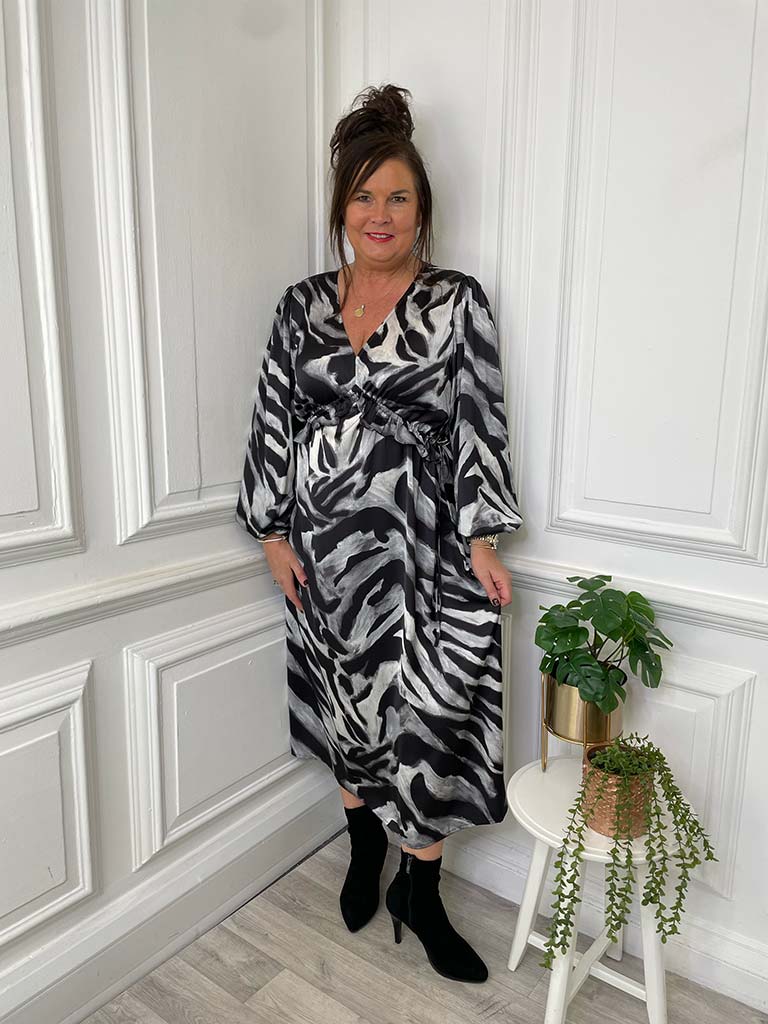 Malissa J Zebra Frill Empire Dress - Grey & Black