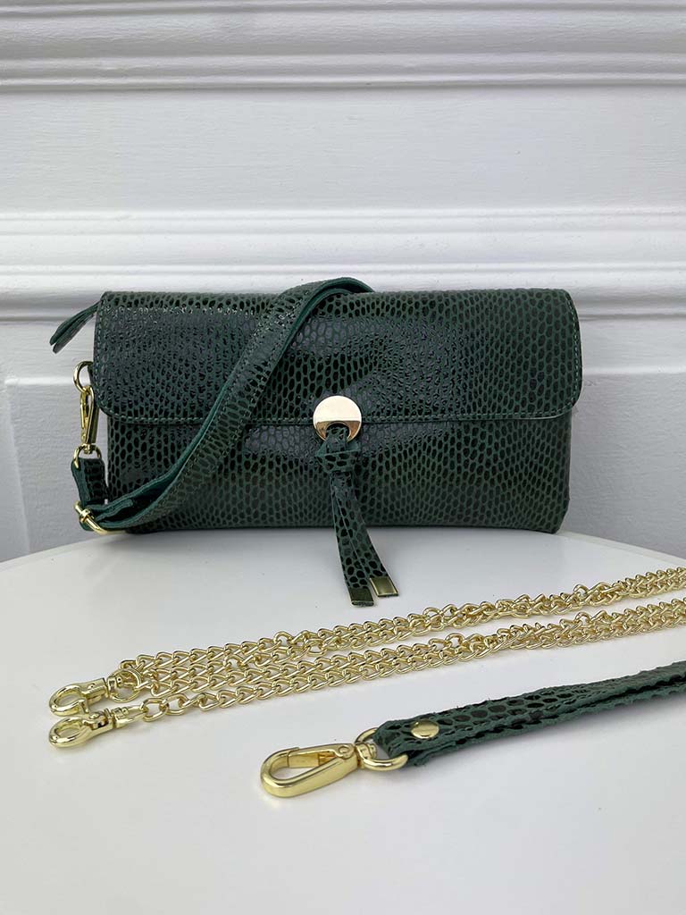 Malissa J Leather Snake Effect Envelope Clutch Bag - Khaki