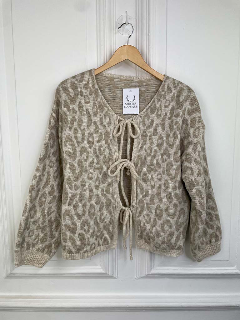 Leopard Print Tie Cardigan Oatmeal Stone Chester Boutique