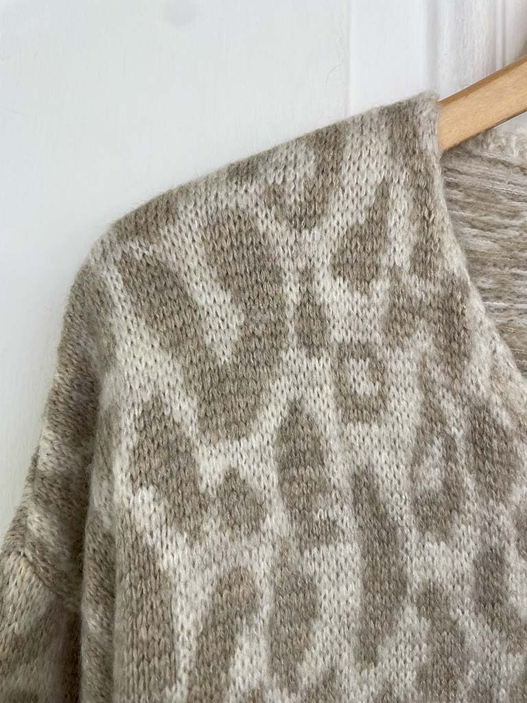 Leopard Print Tie Cardigan - Oatmeal & Stone