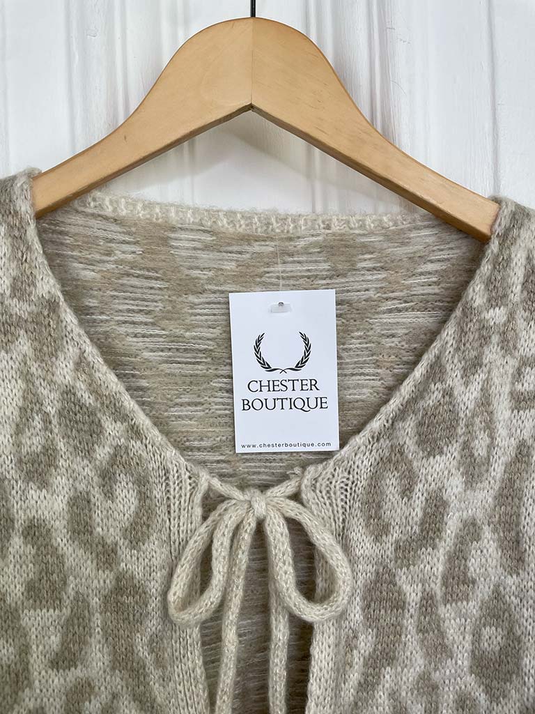 Leopard Print Tie Cardigan - Oatmeal & Stone