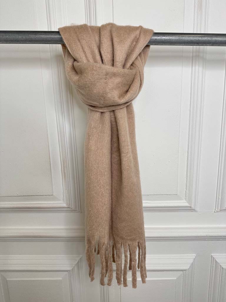 Wool Mix Fringed Scarf - Stone