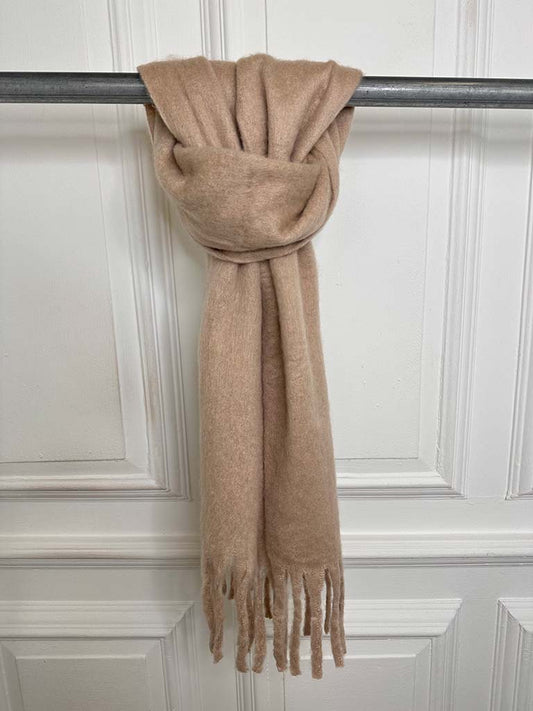Wool Mix Fringed Scarf - Stone