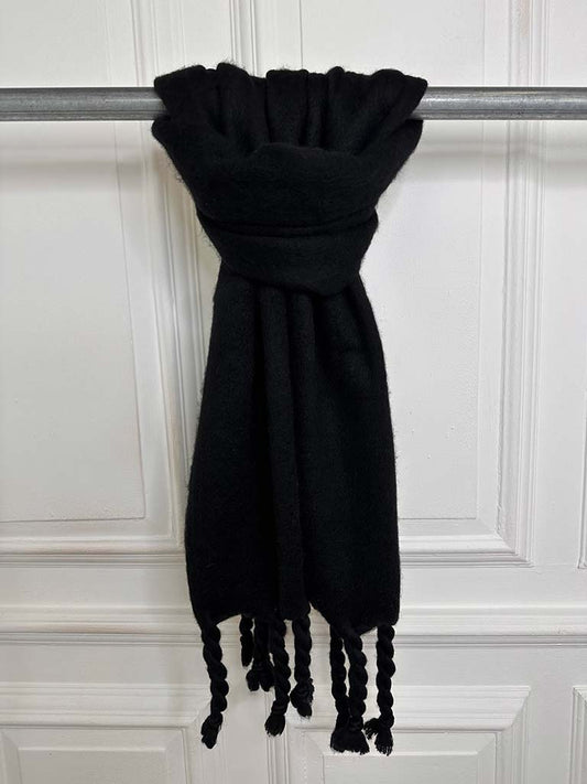 Wool Mix Fringed Scarf - Black