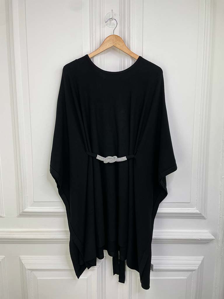 Malissa J Embellished Knot Belt Poncho Knit - Black