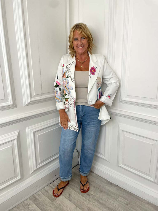 Embroidered Print Blazer - White