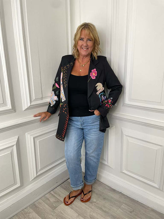 Embroidered Print Blazer - Black